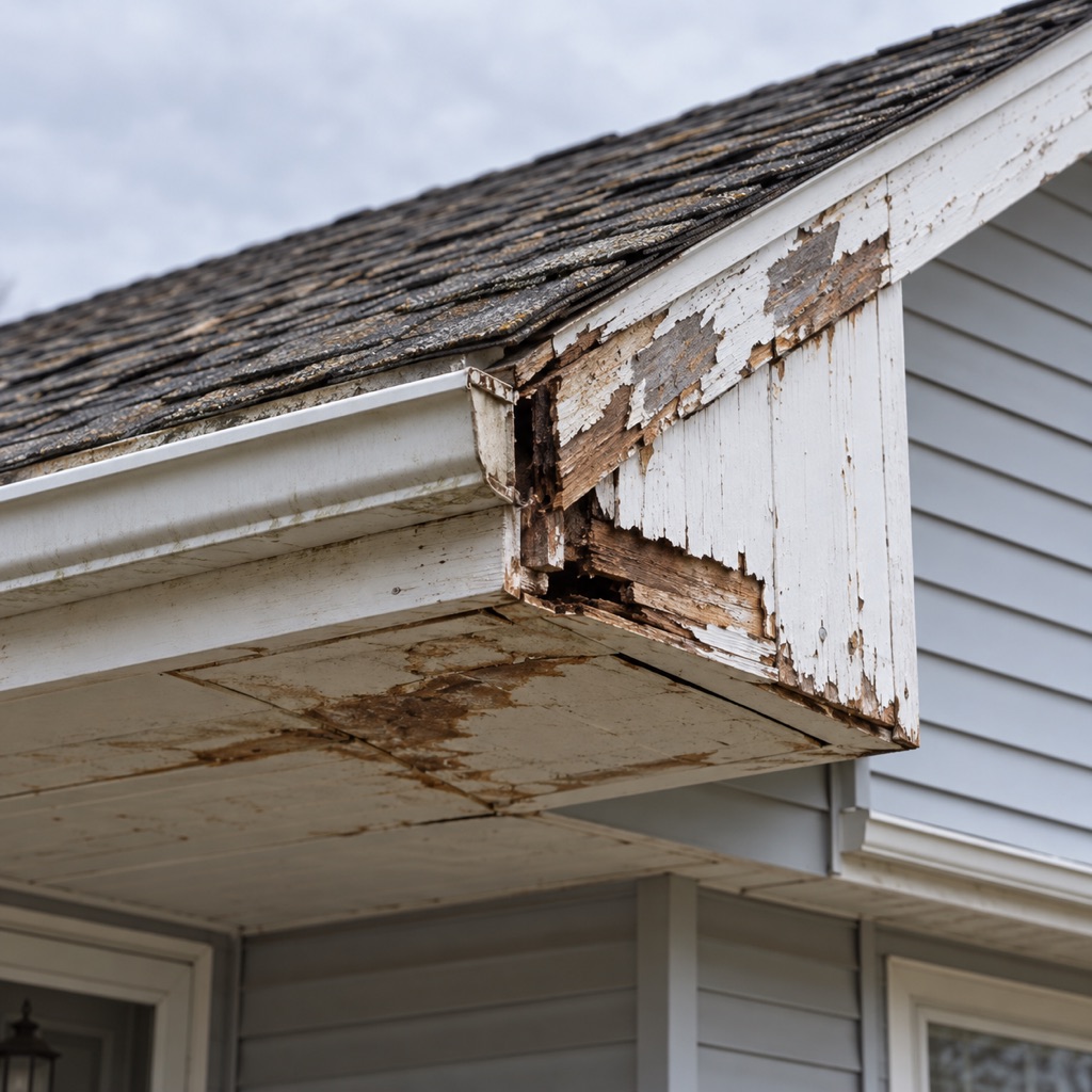 Close-up of a rotted, split fascia board with peeling paint and a sagging, water-stained soffit.