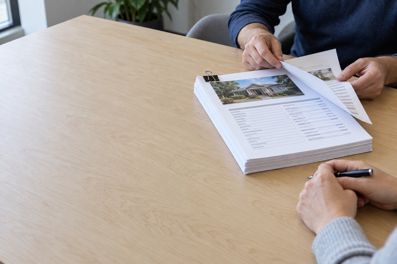 A printed condition report on a meeting-room table.