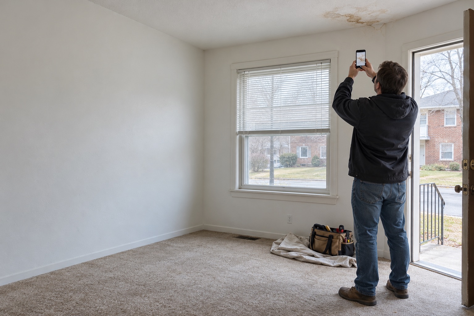 A field technician in a vacant rental unit photographing a water stain on the ceiling with a phone.