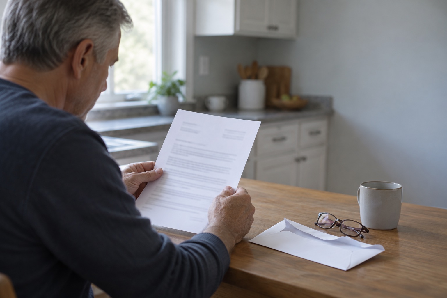 A homeowner at a kitchen table reading a valuation notice.