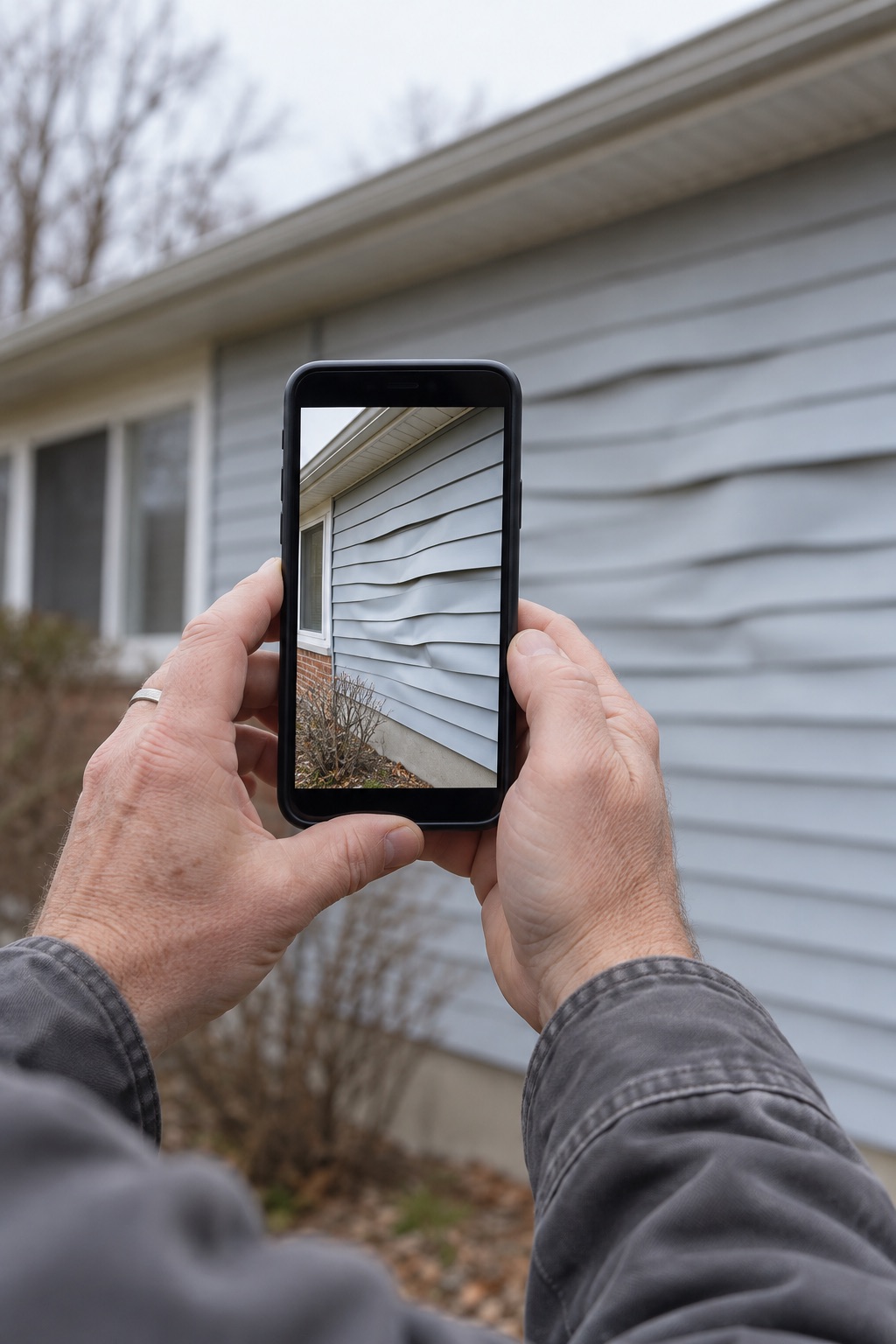 Hands holding a phone up to photograph bowed vinyl siding.